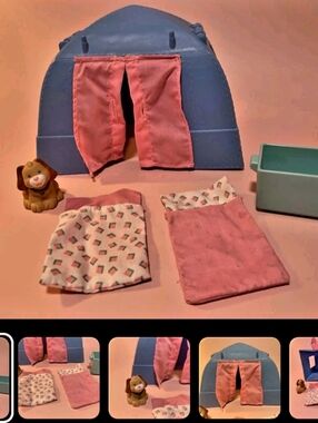 Vintage Fisher-Price Blue Play Tent with Pink Bedding and Accessories